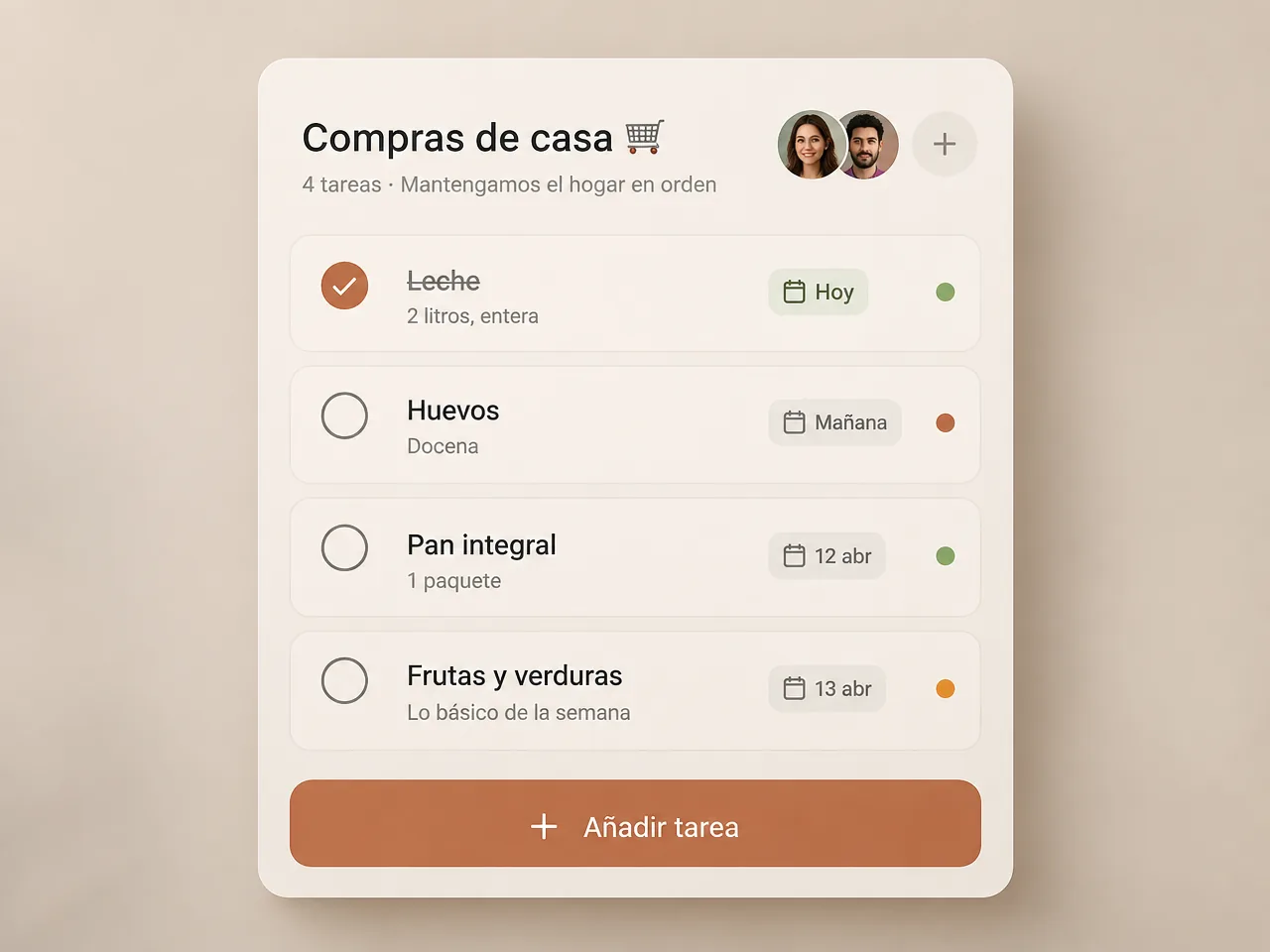 Pantalla de Todoest con una lista compartida de la compra, cuatro tareas y dos personas colaborando